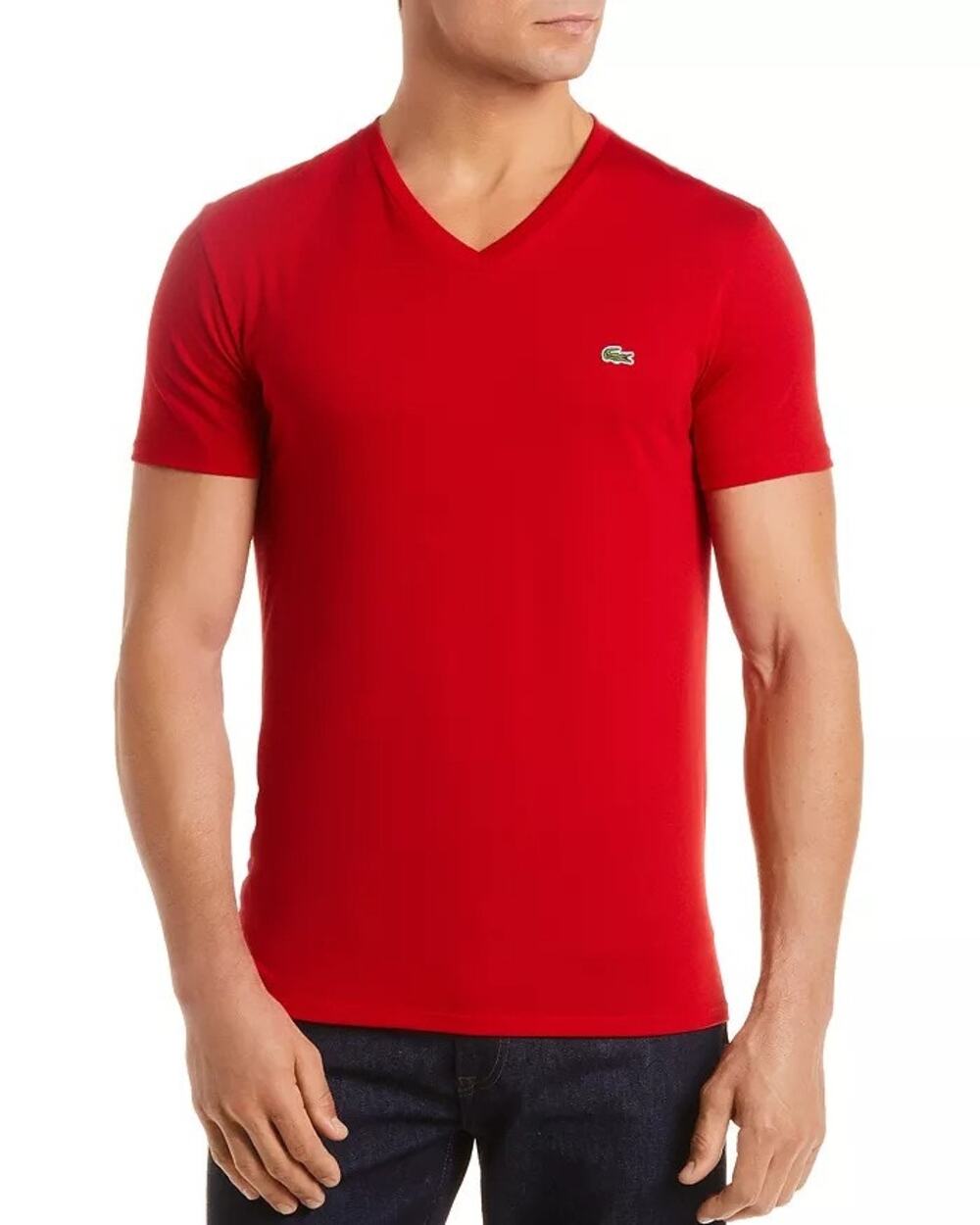 LACOSTE Red Pima Cotton V-Neckline Short Sleeve Embroidered Logo T-Shirt Size M